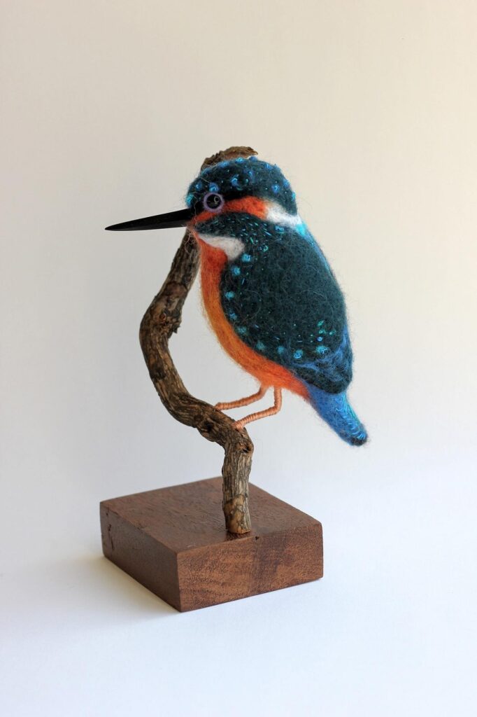 Kingfisher - needlefelted with Shetland and Merino wools, embellished with embroidery threads