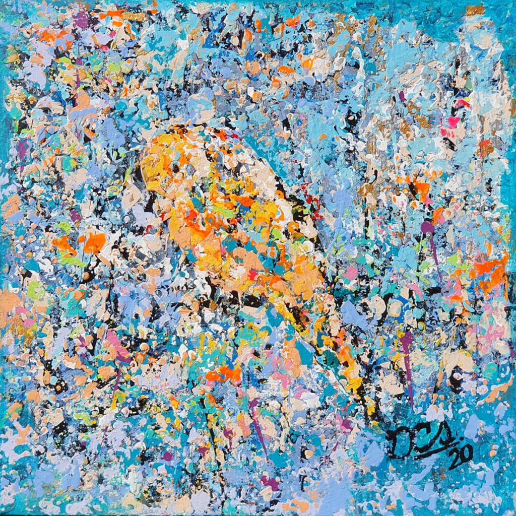 'Little bird' Acrylic on canvas 40x40cm framed on a floating frae