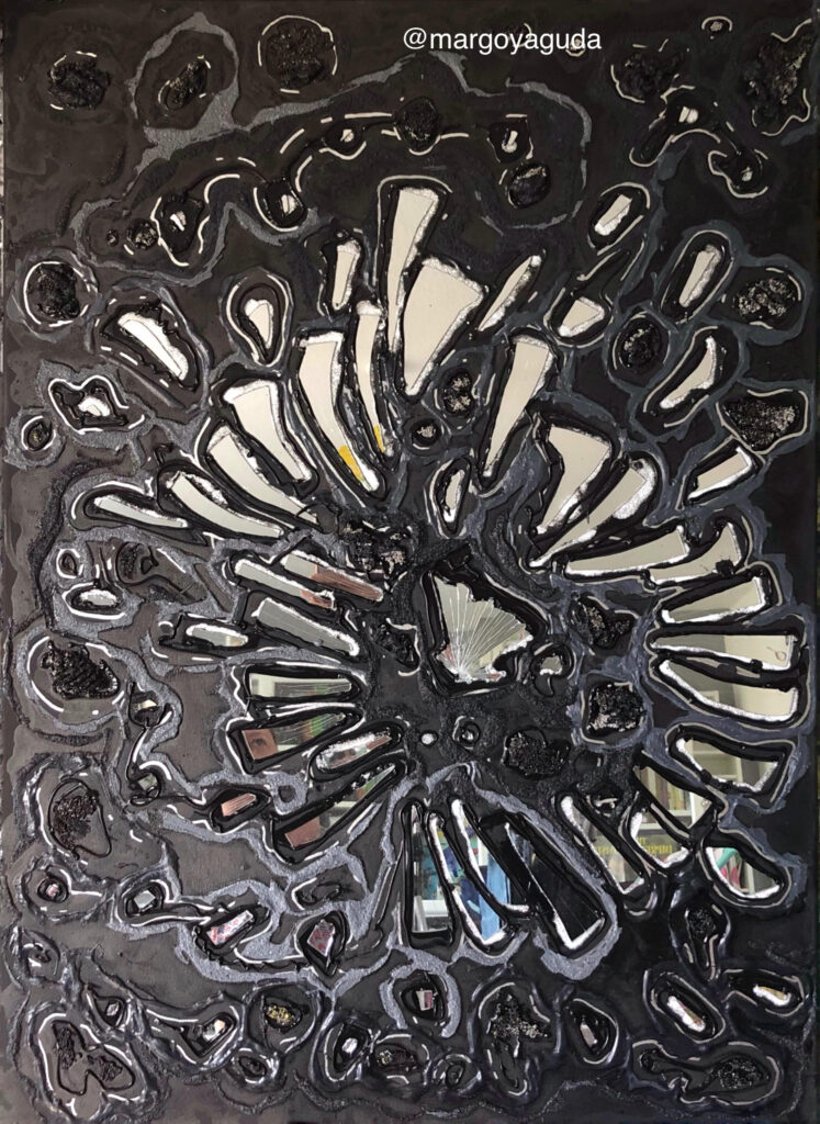 blackmirrorshatteredillusionscopy 3D painting, 'Black Mirror', with broken mirror, chrome paint, and 3D paint