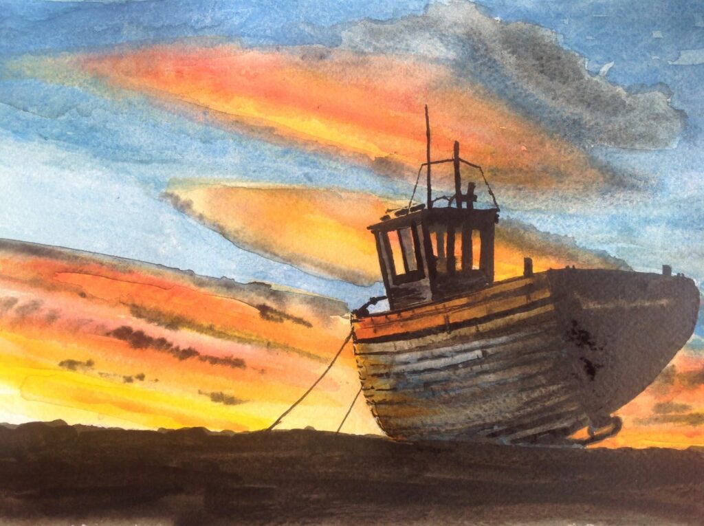 Abandoned boat, Dungeness. Watercolour