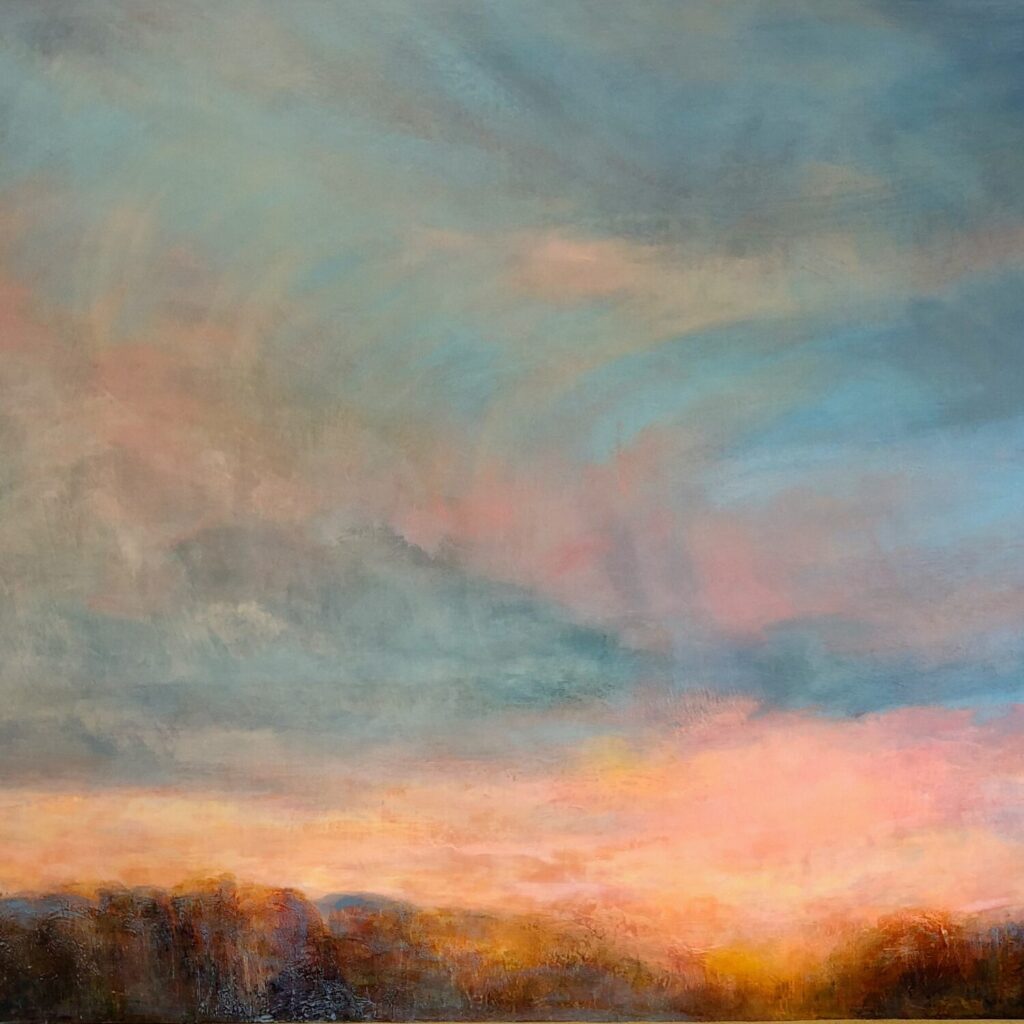 A square crop taken from an abstract landscape painting in soft, blended colours. Most of the image is filled with a wide sky of pale blue, grey and muted turquoise, layered with sweeping brushstrokes and hints of pink. Along the bottom edge, a dark low horizon suggests distant trees or hills. Warm peach, orange and golden tones glow near the horizon like sunrise or sunset light breaking through clouds. The overall mood is calm, atmospheric and dreamlike.