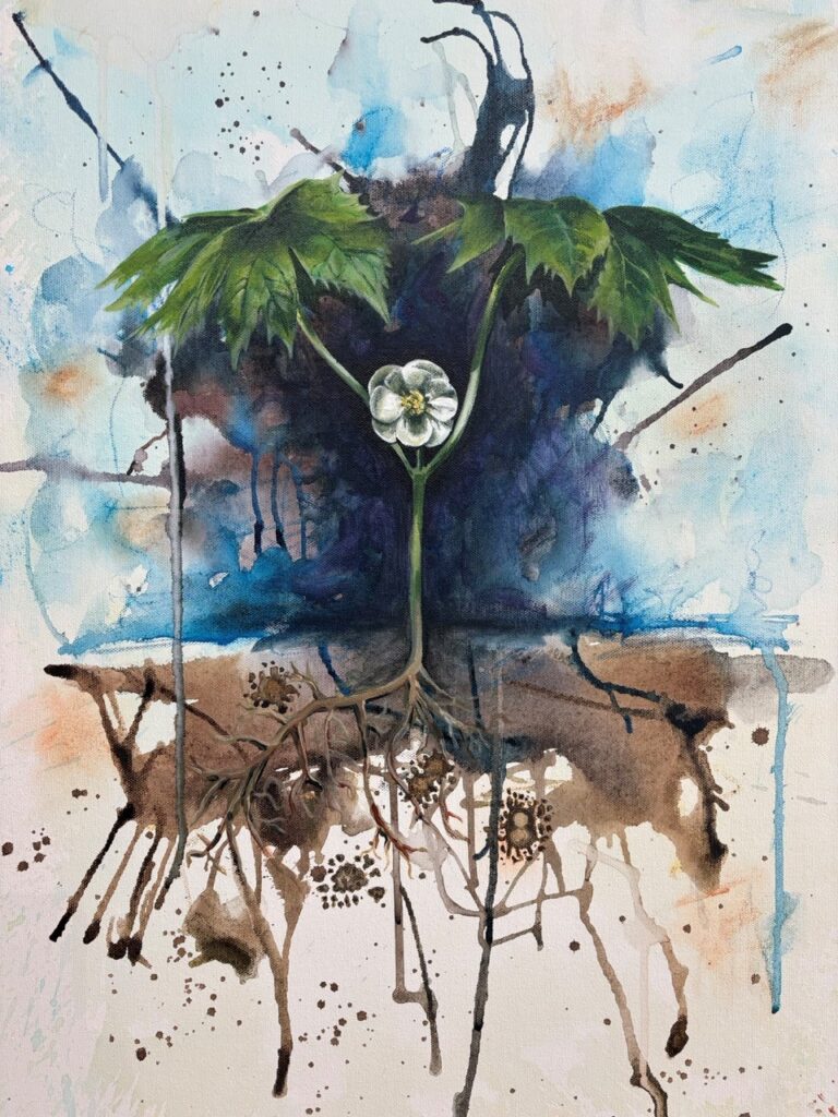Photo of painting called "Hidden Hope" showing a single white flower on a dark blue splash background