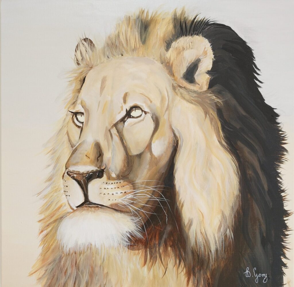 Head shot of Lion in acrylics 50 x 50 cm, with focus on the eyes.