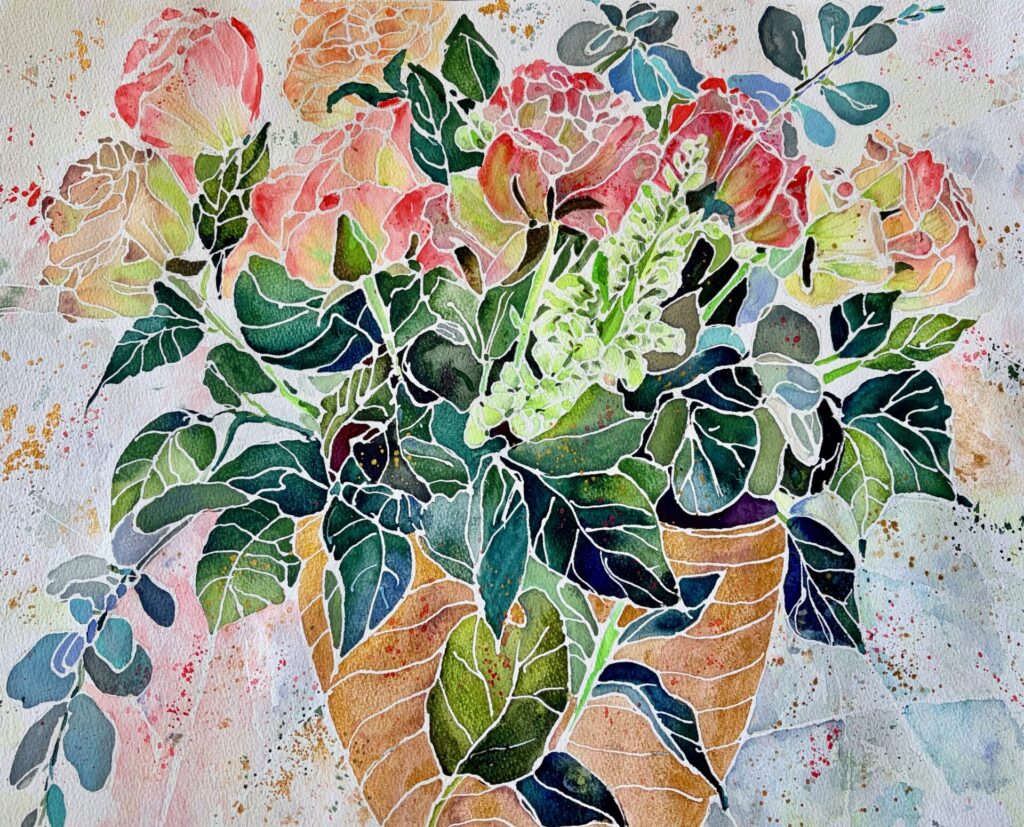 vibrant watercolour flower inspired still life