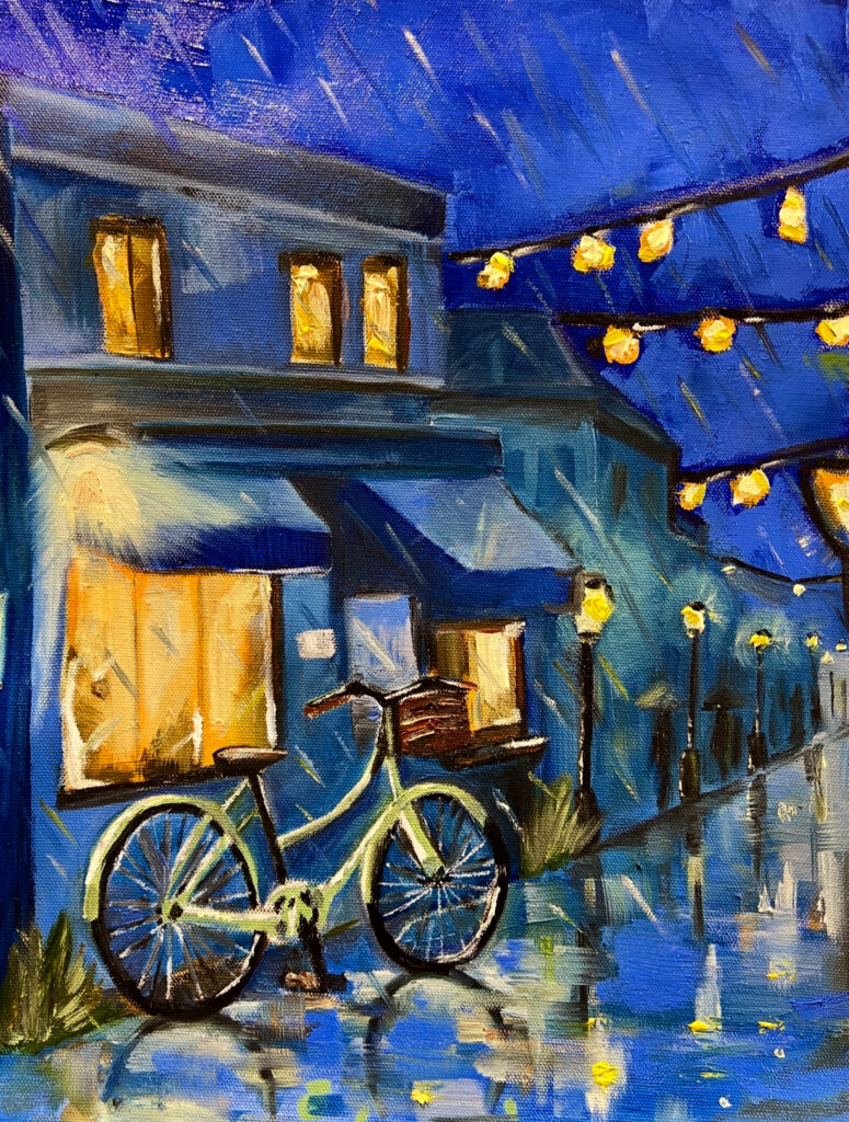 Oil painting | A bike catching the glow of streetlight evoking a gentle reflective calm.