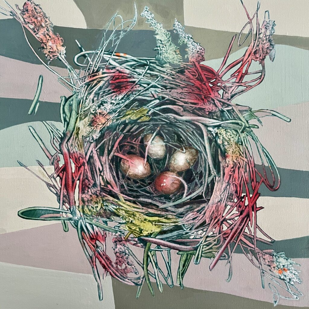 Colourful, semi-abstract painting of nest with eggs