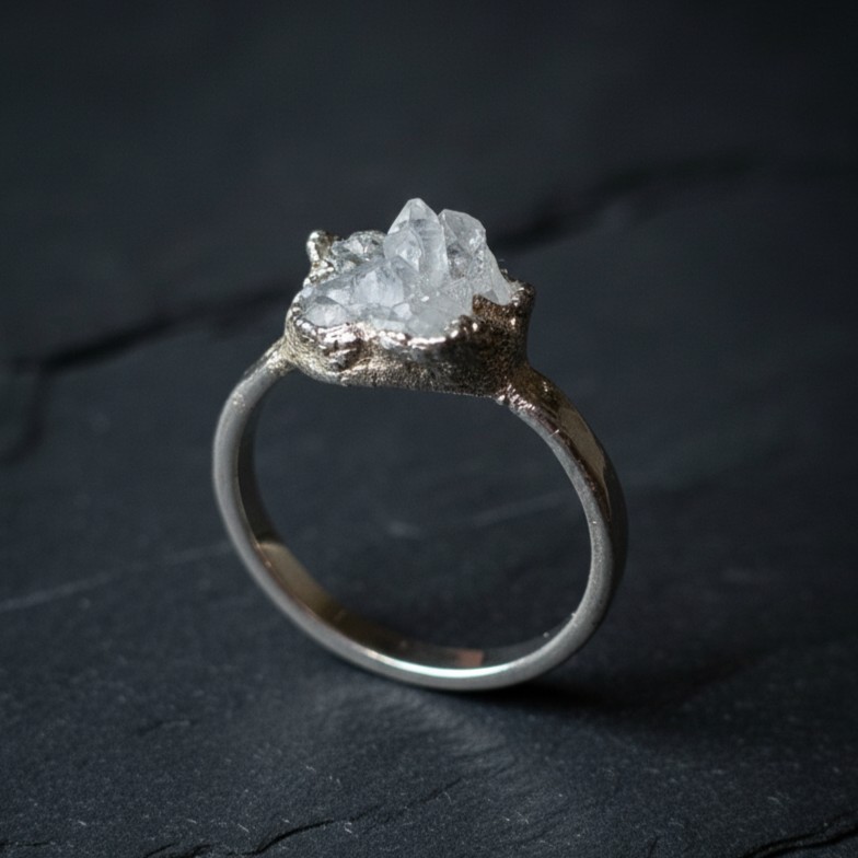 Silver Electroformed Snow Quartz Ring