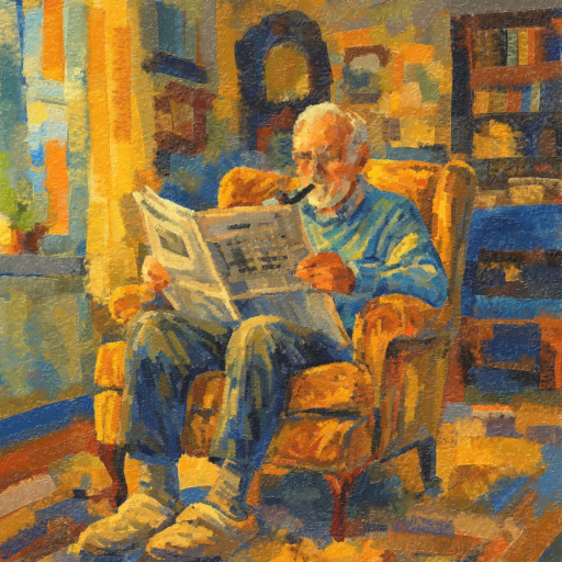 Digital oil painting of an elderly man in a blue jumper, sitting in a yellow armchair reading a newspaper with a pipe in his mouth, with bookshelves and a grandfather clock and a grandfather clock in the background