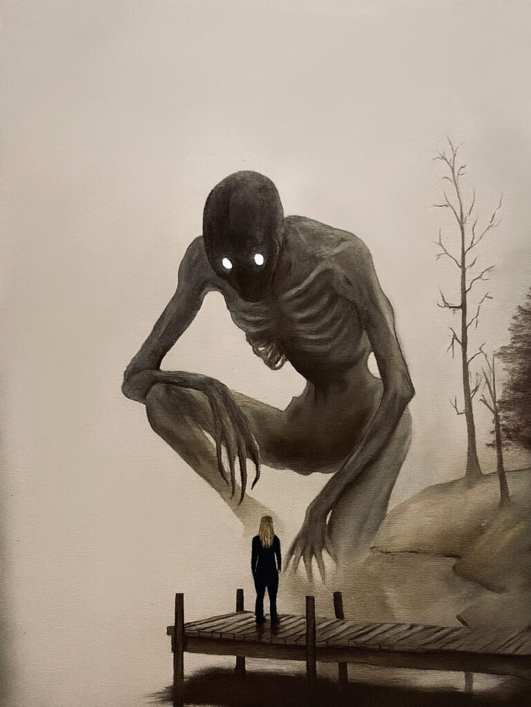 A tall, skeletal, human-like creature with long limbs and glowing white eyes crouches in a misty, desaturated landscape, leaning toward a small lone figure standing on a wooden pier. The figure faces the creature, emphasizing a stark contrast in scale. Sparse, leafless trees rise from a foggy shoreline in the background, creating a quiet, eerie atmosphere.