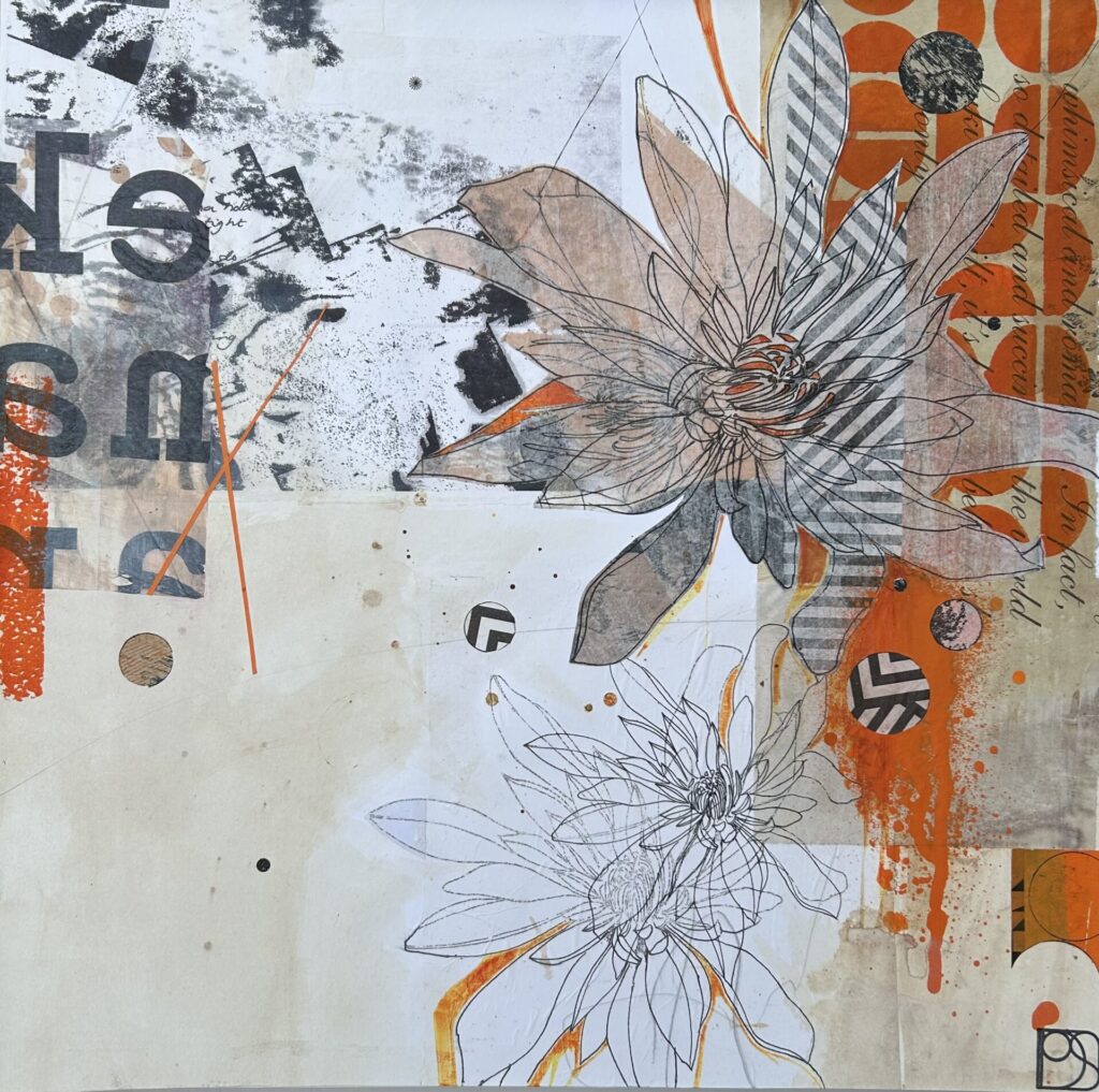 Graphic flowers with orange geometric patterns.