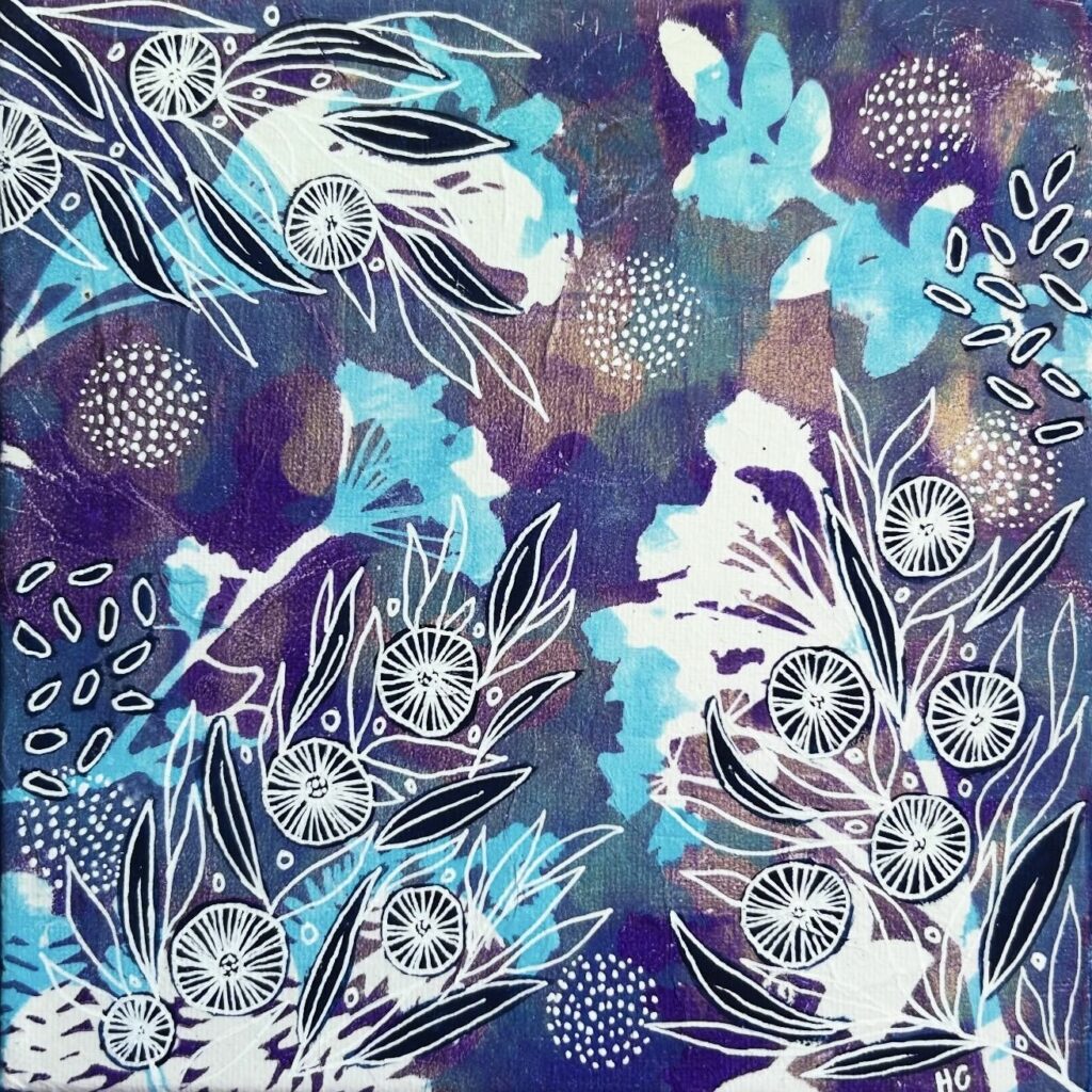 Mixed media botanicals in purple, blue and white.