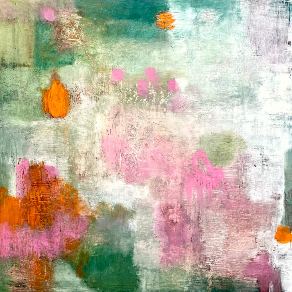 A place once trodden. A colourful abstract oil painting in green, pink and orange evoking memories of a garden in early summer.