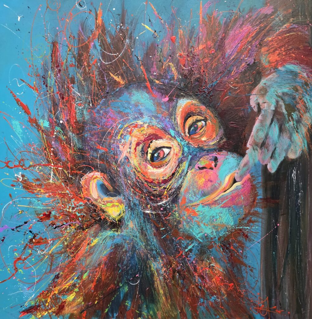 Cheeky by Nature, and acrylic painting of a baby Orangutan.