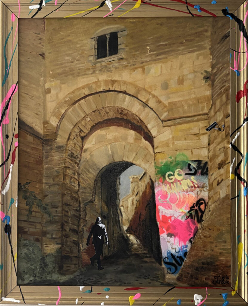 Mixed media on vintage oil painting. A hooded figure moves silently through an ancient stone arch, his work already done. Graffiti blazes on the wall beside him, a CCTV camera watches from above — but he's already gone. The gilded frame, splattered with the same paint that marks the wall, asks where the vandalism ends and the art begins.