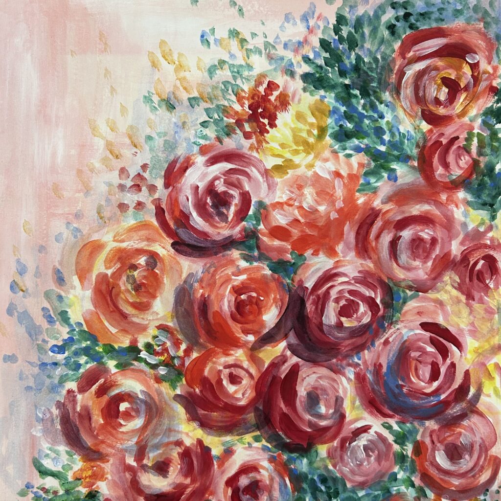 Multicoloured, pink, peach and yellow flowers