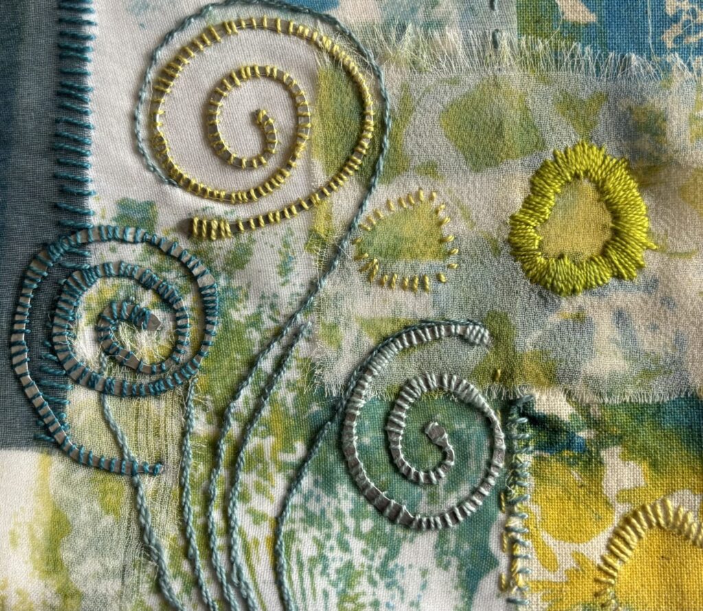 Gill Davies Under the Sea. Hand printed and stitched following a walk on the beach.