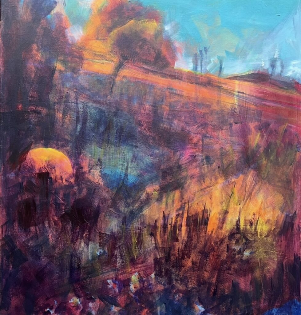 Hillside with single sheep, flowers and grasses