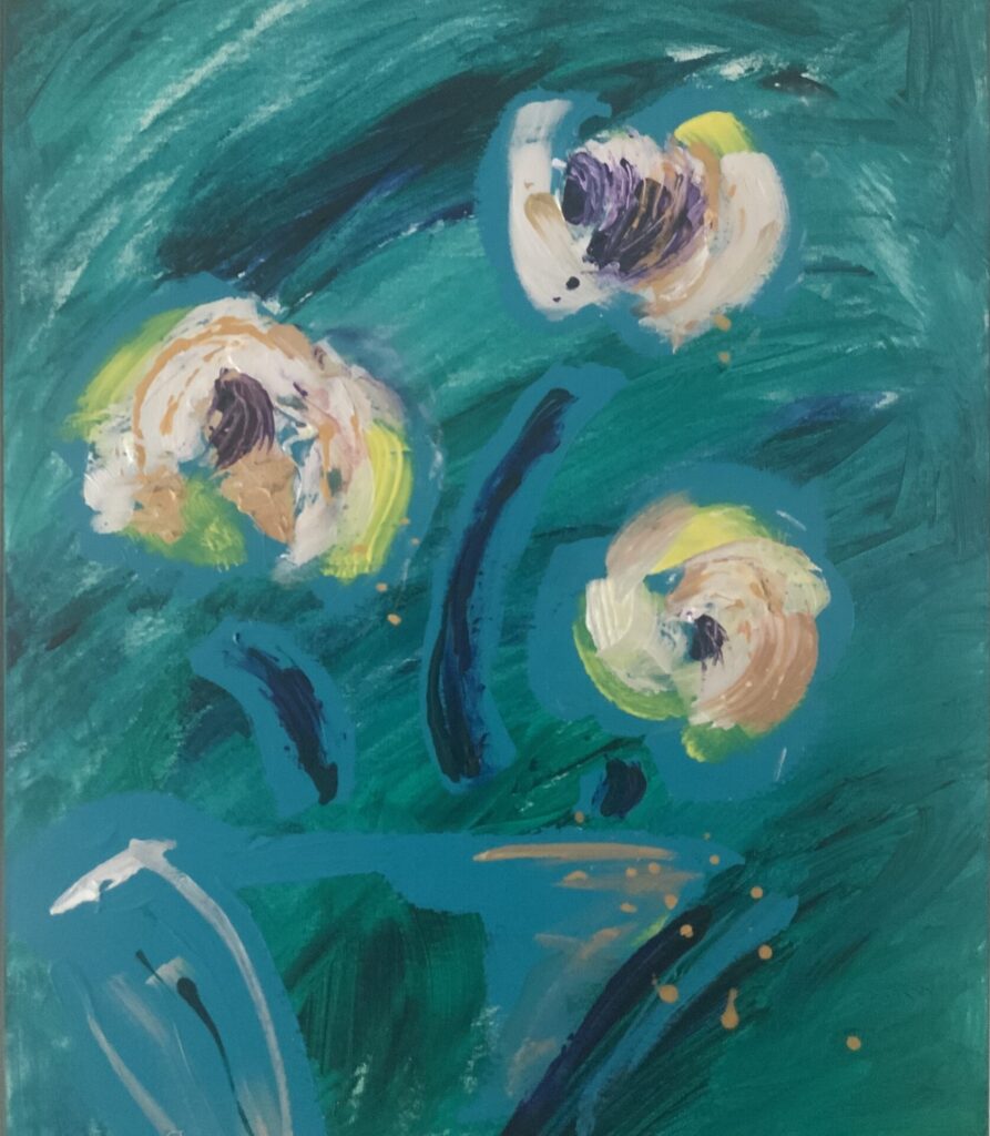 Blue January. Bold textural abstract flowers on turquoise background