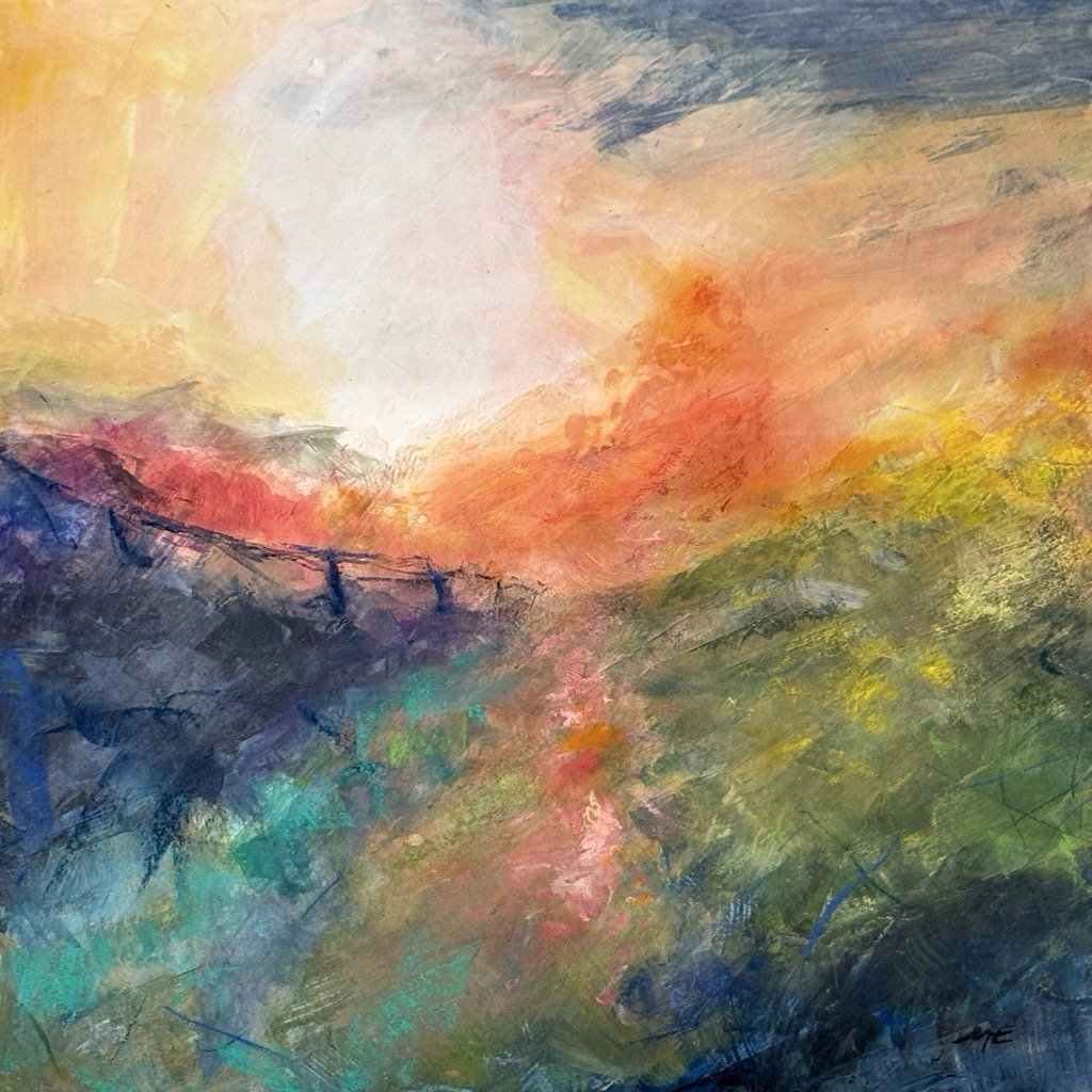 Image of abstract landscape with sunrise in bright and warm colours