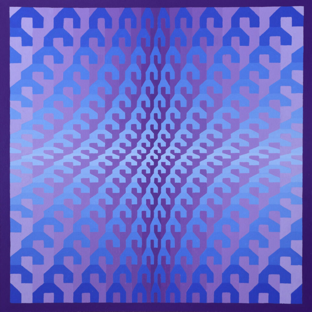 A geometric abstract painting in blues and violets
