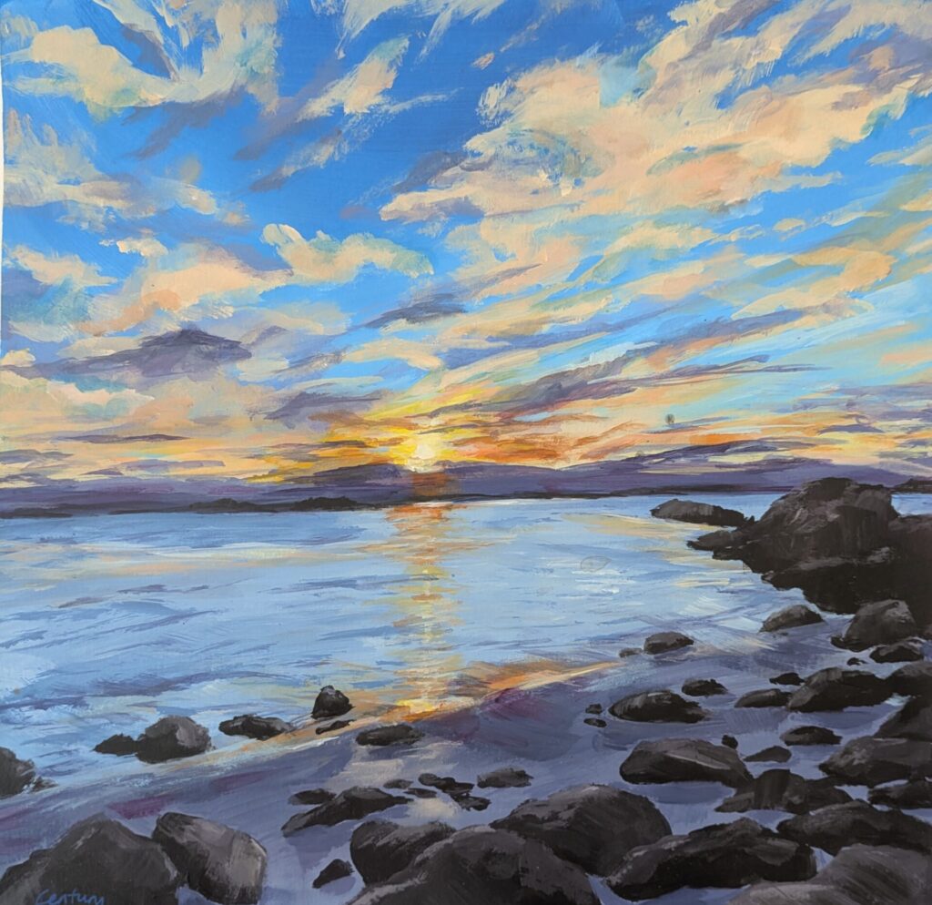 Coastal landscape painting with sunset clouds and rocky beach by Judy Century Art