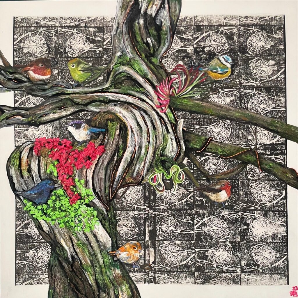 Large canvas. Textured tree on linoprint 7 birds representing chakras each with their own meaning in name and colour
