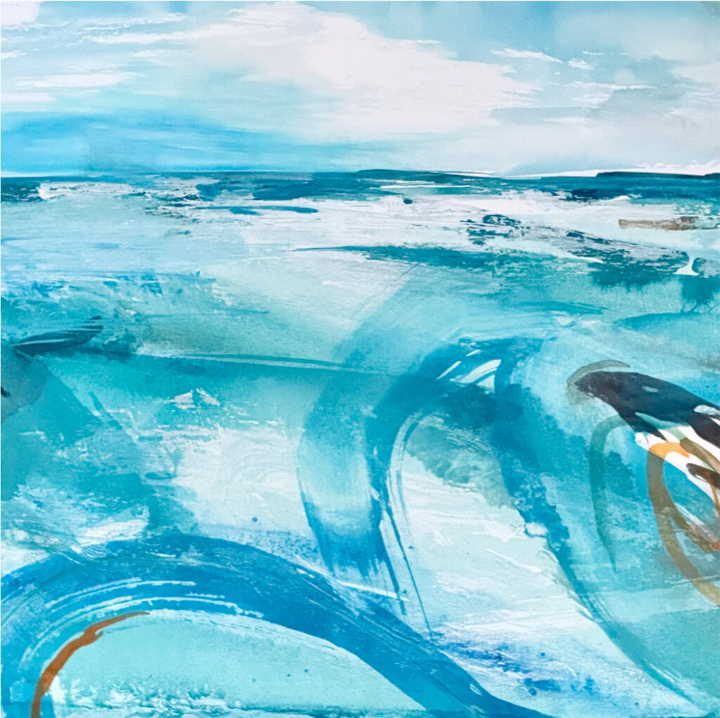 Painting of blue sea with abstract shapes and lines in orange.