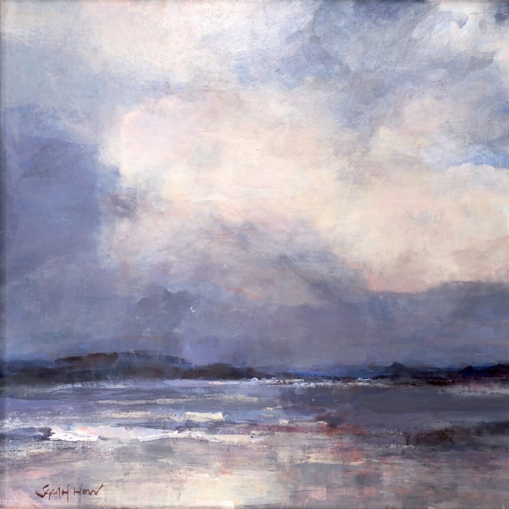 Pink Cloud seascape painting blue horizon with mountains in the distance