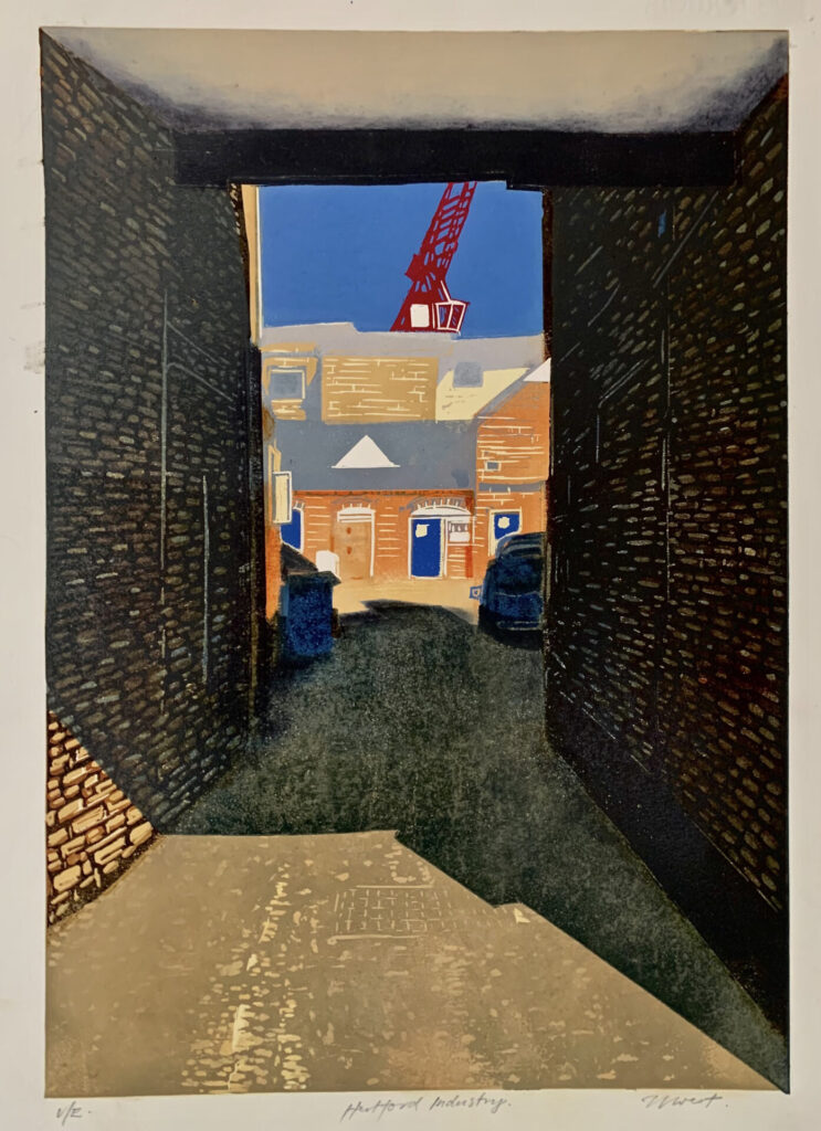 Lino print portrayal of the changing caracter of local architecture.
