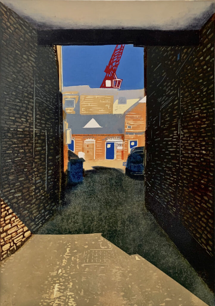 Lino print portrayal of the changing caracter of local architecture.