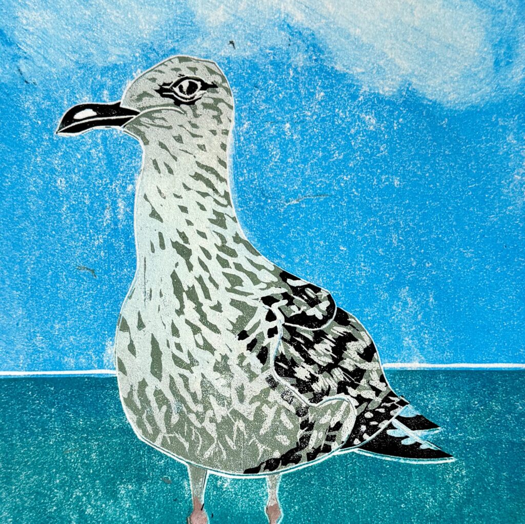 juvenile herring gull reduction linocut